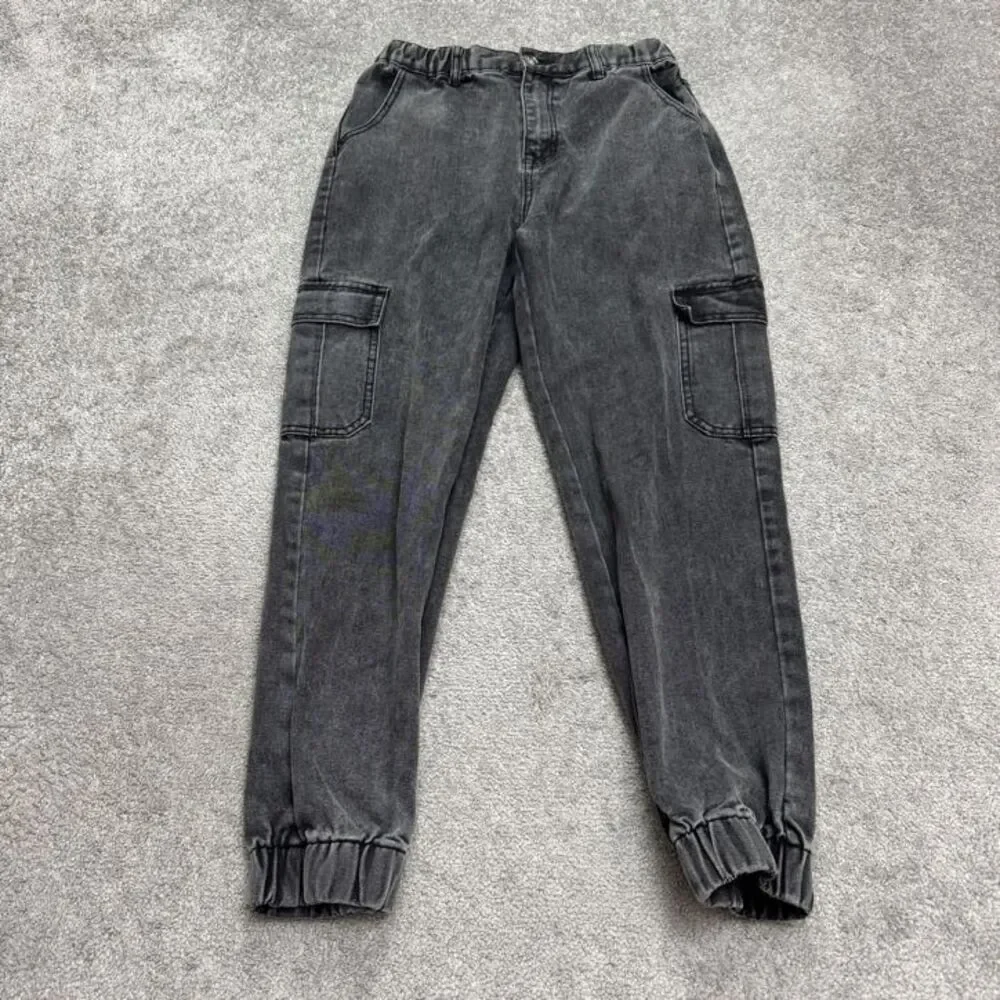 Adika Cargo Jogger Denim Jeans Womens Large Faded Black Acid Wash High Rise Y2K